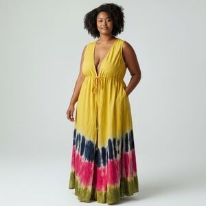 Yellow dress with a colorful tie-dye pattern on the hem Rainbow Spring Dress
